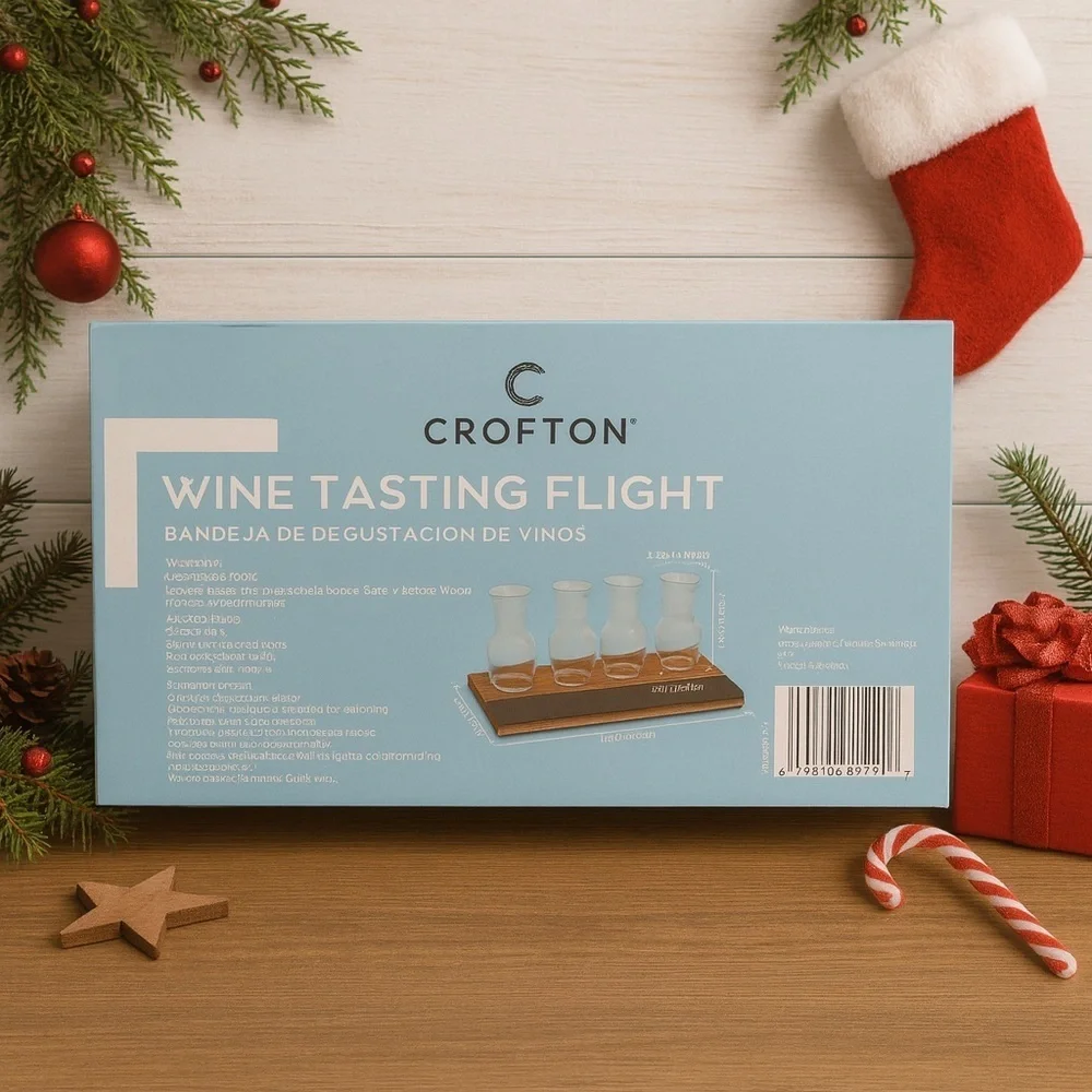 Crofton Wine Tasting Flight Set 4 Wine Glasses Wooden Board Chalk Party Games